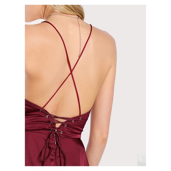 Burgundy Lace Up Back High Low Satin Maxi Dress - Picture 4 of 8